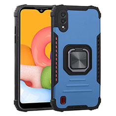Silicone Matte Finish and Plastic Back Cover Case with Magnetic Finger Ring Stand ZJ2 for Samsung Galaxy M01 Blue