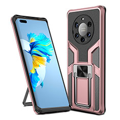 Silicone Matte Finish and Plastic Back Cover Case with Magnetic Finger Ring Stand ZL1 for Huawei Mate 40 Pro+ Plus Rose Gold