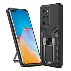 Silicone Matte Finish and Plastic Back Cover Case with Magnetic Finger Ring Stand ZL1 for Huawei P40 Pro Black