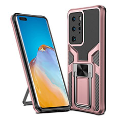 Silicone Matte Finish and Plastic Back Cover Case with Magnetic Finger Ring Stand ZL1 for Huawei P40 Pro Rose Gold