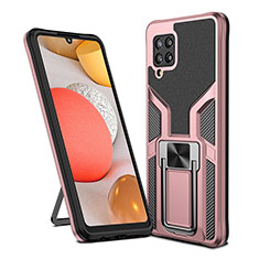 Silicone Matte Finish and Plastic Back Cover Case with Magnetic Finger Ring Stand ZL1 for Samsung Galaxy A42 5G Rose Gold