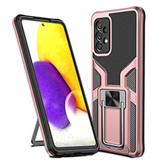 Silicone Matte Finish and Plastic Back Cover Case with Magnetic Finger Ring Stand ZL1 for Samsung Galaxy A72 5G Rose Gold