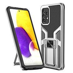 Silicone Matte Finish and Plastic Back Cover Case with Magnetic Finger Ring Stand ZL1 for Samsung Galaxy A72 5G Silver