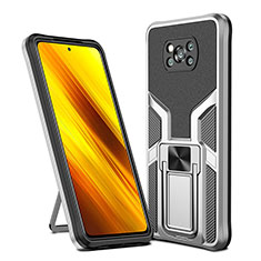 Silicone Matte Finish and Plastic Back Cover Case with Magnetic Finger Ring Stand ZL1 for Xiaomi Poco X3 Silver