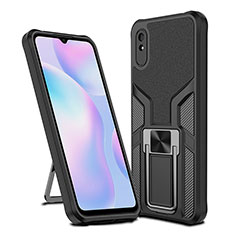 Silicone Matte Finish and Plastic Back Cover Case with Magnetic Finger Ring Stand ZL1 for Xiaomi Redmi 9A Black