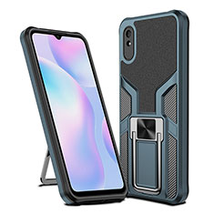 Silicone Matte Finish and Plastic Back Cover Case with Magnetic Finger Ring Stand ZL1 for Xiaomi Redmi 9A Cyan