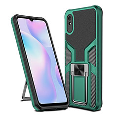 Silicone Matte Finish and Plastic Back Cover Case with Magnetic Finger Ring Stand ZL1 for Xiaomi Redmi 9A Green