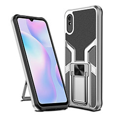 Silicone Matte Finish and Plastic Back Cover Case with Magnetic Finger Ring Stand ZL1 for Xiaomi Redmi 9A Silver