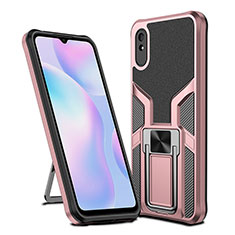 Silicone Matte Finish and Plastic Back Cover Case with Magnetic Finger Ring Stand ZL1 for Xiaomi Redmi 9i Rose Gold