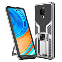 Silicone Matte Finish and Plastic Back Cover Case with Magnetic Finger Ring Stand ZL1 for Xiaomi Redmi Note 9 Pro Max Silver