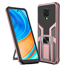 Silicone Matte Finish and Plastic Back Cover Case with Magnetic Finger Ring Stand ZL1 for Xiaomi Redmi Note 9 Pro Rose Gold