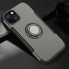 Silicone Matte Finish and Plastic Back Cover Case with Magnetic Stand A08 for Apple iPhone 13 Gray