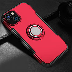 Silicone Matte Finish and Plastic Back Cover Case with Magnetic Stand A08 for Apple iPhone 13 Mini Red