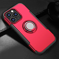 Silicone Matte Finish and Plastic Back Cover Case with Magnetic Stand A08 for Apple iPhone 13 Pro Max Red