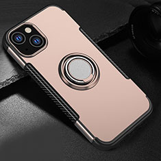 Silicone Matte Finish and Plastic Back Cover Case with Magnetic Stand A08 for Apple iPhone 13 Rose Gold