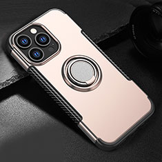 Silicone Matte Finish and Plastic Back Cover Case with Magnetic Stand A08 for Apple iPhone 14 Pro Rose Gold