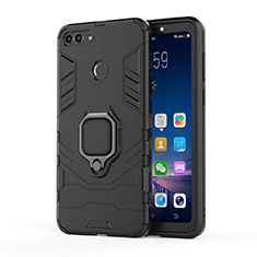 Silicone Matte Finish and Plastic Back Cover Case with Magnetic Stand for Huawei Y9 (2018) Black