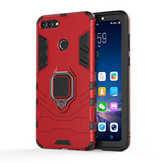 Silicone Matte Finish and Plastic Back Cover Case with Magnetic Stand for Huawei Y9 (2018) Red