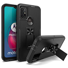 Silicone Matte Finish and Plastic Back Cover Case with Magnetic Stand for Motorola Moto G10 Black