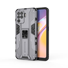 Silicone Matte Finish and Plastic Back Cover Case with Magnetic Stand for Oppo F19 Pro Gray