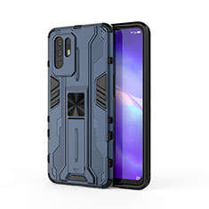 Silicone Matte Finish and Plastic Back Cover Case with Magnetic Stand for Oppo F19 Pro+ Plus 5G Blue