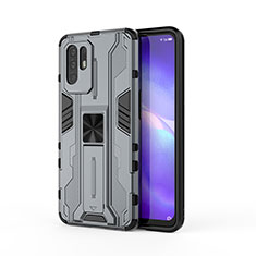 Silicone Matte Finish and Plastic Back Cover Case with Magnetic Stand for Oppo F19 Pro+ Plus 5G Gray