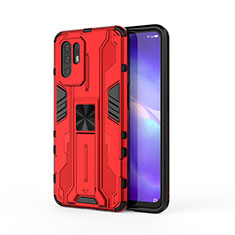 Silicone Matte Finish and Plastic Back Cover Case with Magnetic Stand for Oppo F19 Pro+ Plus 5G Red