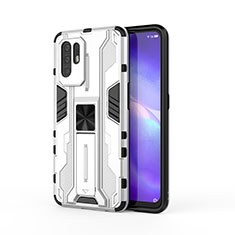 Silicone Matte Finish and Plastic Back Cover Case with Magnetic Stand for Oppo F19 Pro+ Plus 5G White
