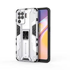Silicone Matte Finish and Plastic Back Cover Case with Magnetic Stand for Oppo F19 Pro White