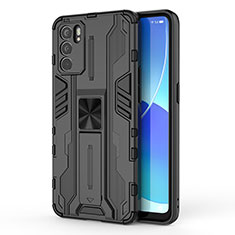 Silicone Matte Finish and Plastic Back Cover Case with Magnetic Stand for Oppo Reno6 5G Black