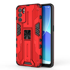 Silicone Matte Finish and Plastic Back Cover Case with Magnetic Stand for Oppo Reno6 5G Red
