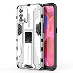 Silicone Matte Finish and Plastic Back Cover Case with Magnetic Stand for Oppo Reno6 Lite White