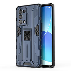 Silicone Matte Finish and Plastic Back Cover Case with Magnetic Stand for Oppo Reno6 Pro 5G Blue