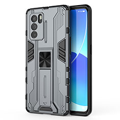 Silicone Matte Finish and Plastic Back Cover Case with Magnetic Stand for Oppo Reno6 Pro 5G India Gray