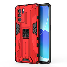 Silicone Matte Finish and Plastic Back Cover Case with Magnetic Stand for Oppo Reno6 Pro 5G India Red