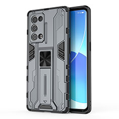 Silicone Matte Finish and Plastic Back Cover Case with Magnetic Stand for Oppo Reno6 Pro+ Plus 5G Gray