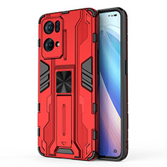 Silicone Matte Finish and Plastic Back Cover Case with Magnetic Stand for Oppo Reno7 Pro 5G Red