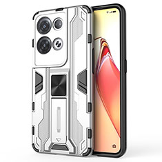 Silicone Matte Finish and Plastic Back Cover Case with Magnetic Stand for Oppo Reno9 Pro+ Plus 5G White