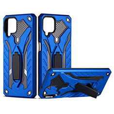 Silicone Matte Finish and Plastic Back Cover Case with Magnetic Stand for Samsung Galaxy A12 Blue