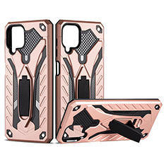 Silicone Matte Finish and Plastic Back Cover Case with Magnetic Stand for Samsung Galaxy A12 Nacho Rose Gold