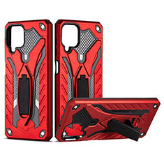 Silicone Matte Finish and Plastic Back Cover Case with Magnetic Stand for Samsung Galaxy M12 Red