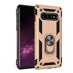 Silicone Matte Finish and Plastic Back Cover Case with Magnetic Stand for Samsung Galaxy S10 5G Gold