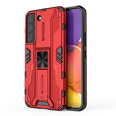 Silicone Matte Finish and Plastic Back Cover Case with Magnetic Stand for Samsung Galaxy S21 FE 5G Red