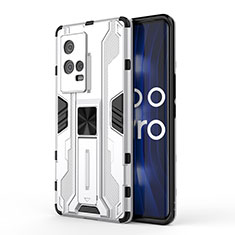 Silicone Matte Finish and Plastic Back Cover Case with Magnetic Stand for Vivo iQOO 8 Pro 5G White