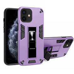 Silicone Matte Finish and Plastic Back Cover Case with Magnetic Stand H01 for Apple iPhone 12 Clove Purple