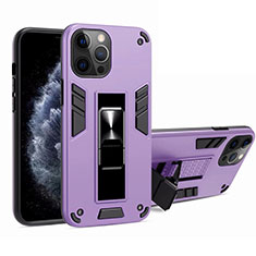Silicone Matte Finish and Plastic Back Cover Case with Magnetic Stand H01 for Apple iPhone 12 Pro Clove Purple