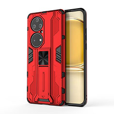 Silicone Matte Finish and Plastic Back Cover Case with Magnetic Stand KC1 for Huawei P50 Pro Red