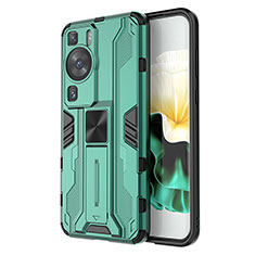 Silicone Matte Finish and Plastic Back Cover Case with Magnetic Stand KC1 for Huawei P60 Green