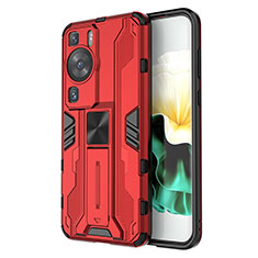 Silicone Matte Finish and Plastic Back Cover Case with Magnetic Stand KC1 for Huawei P60 Red