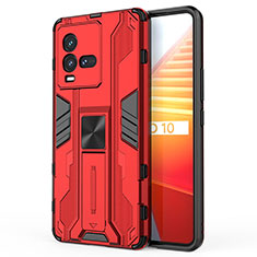 Silicone Matte Finish and Plastic Back Cover Case with Magnetic Stand KC1 for Vivo iQOO 10 5G Red